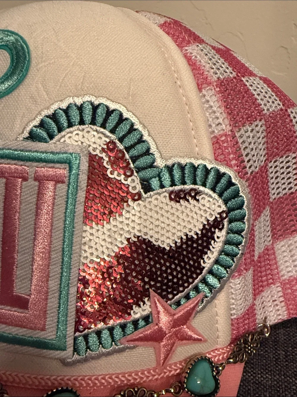 HOWDY Embellished Pink & White Trucker Cap with Turquoise Accents
